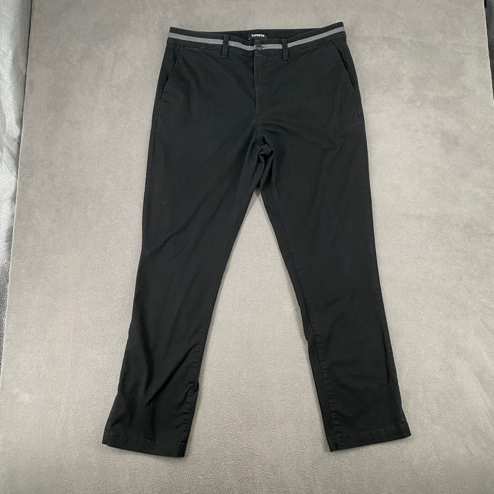 Express Mens 365 Comfort Slim Stretch+ Chino Pants Black 36x32 Grey Stripe Trim